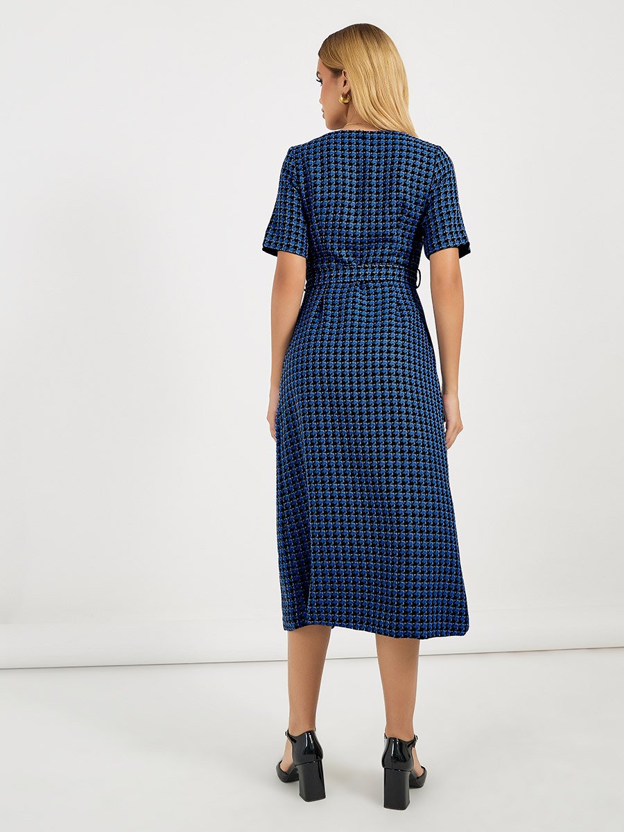 Checked Belted A-Line Blazer Midi Dress