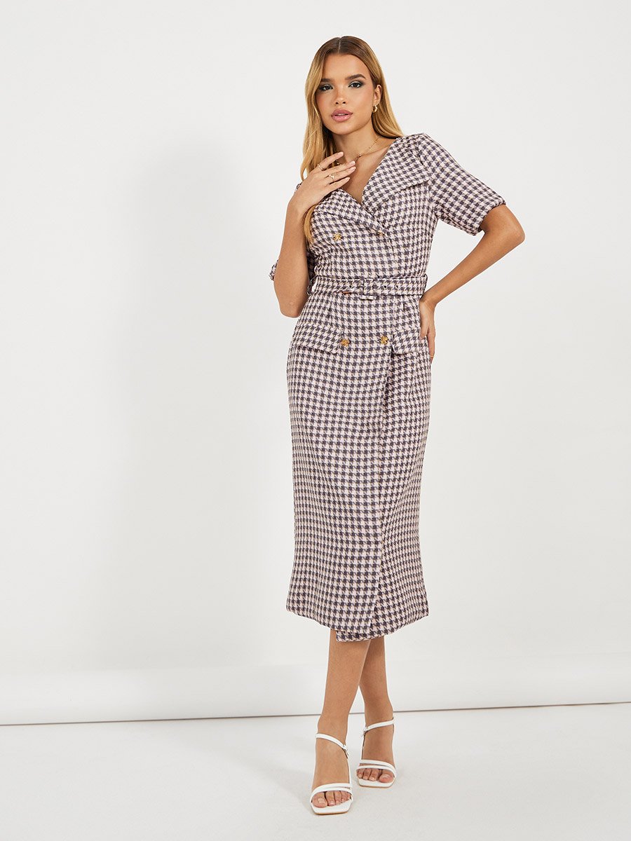 Checked Belted A-Line Blazer Midi Dress