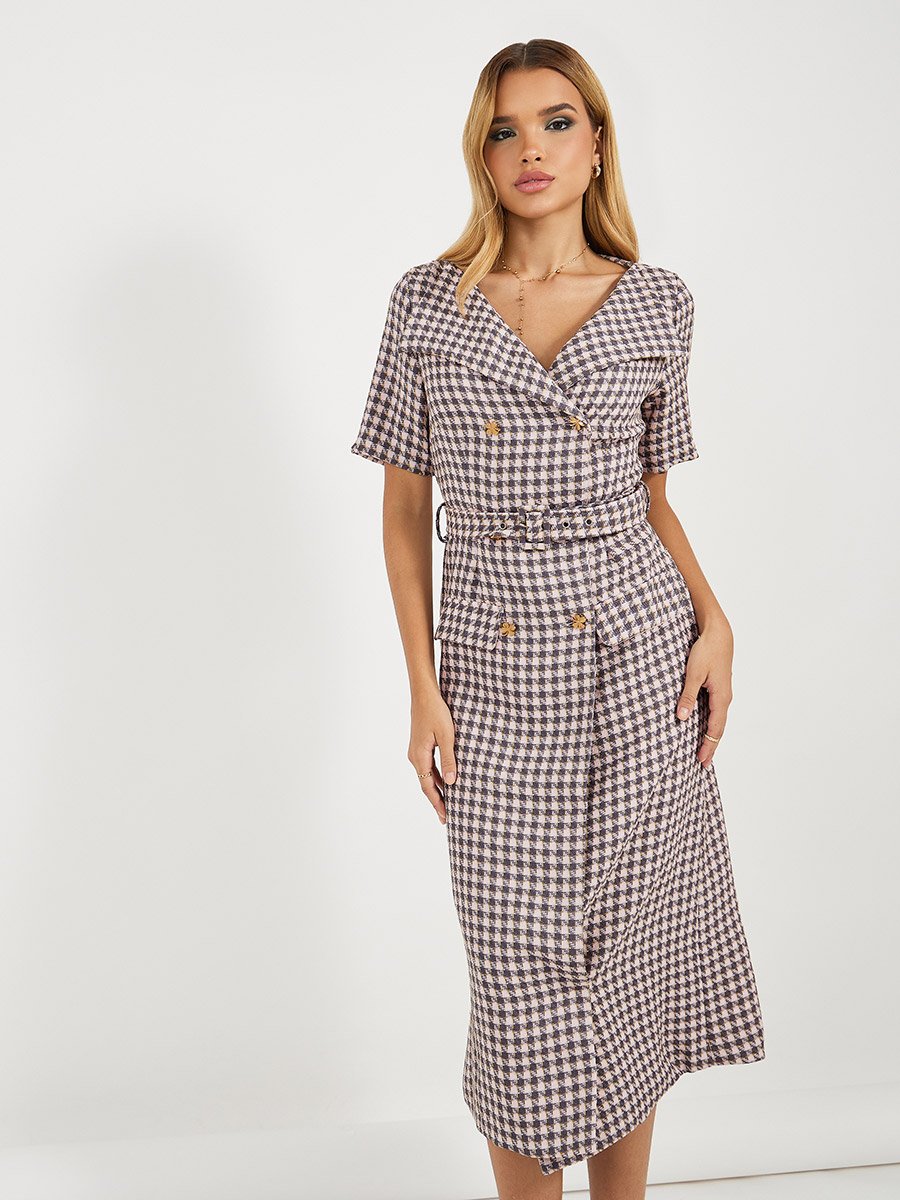 Checked Belted A-Line Blazer Midi Dress