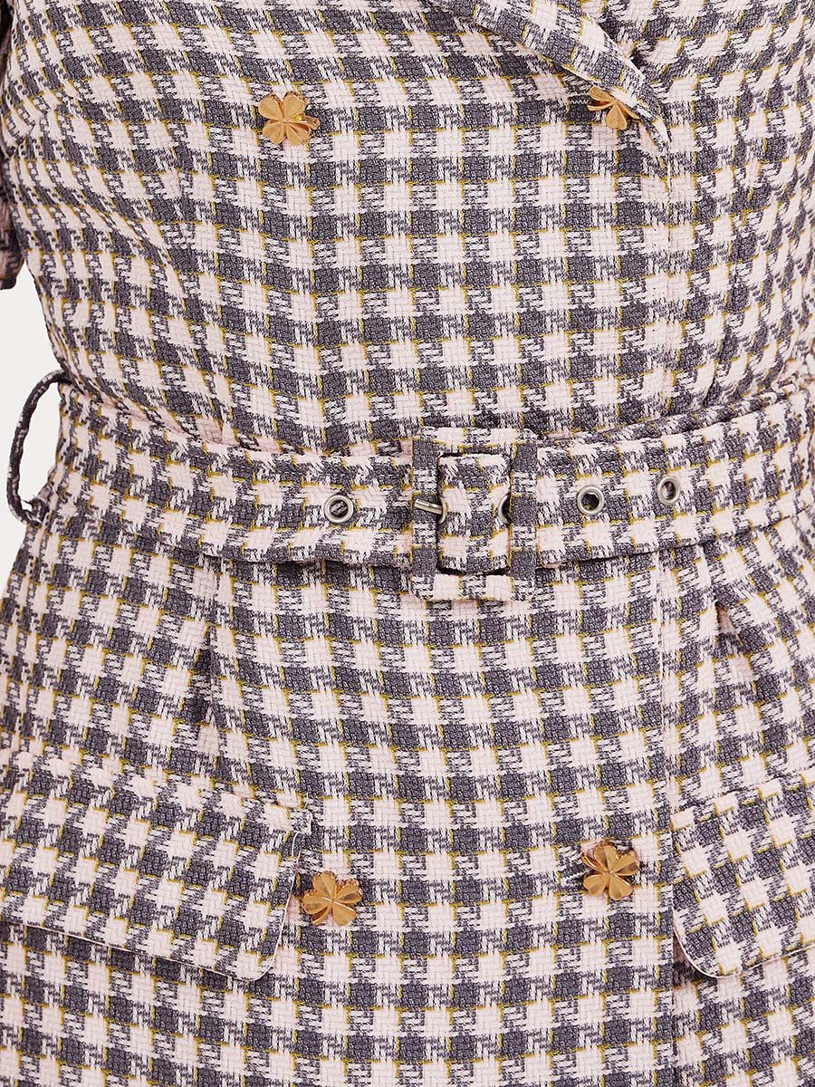 Checked Belted A-Line Blazer Midi Dress