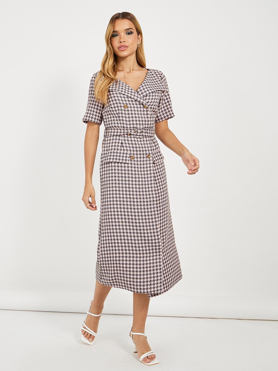 Checked Belted A-Line Blazer Midi Dress