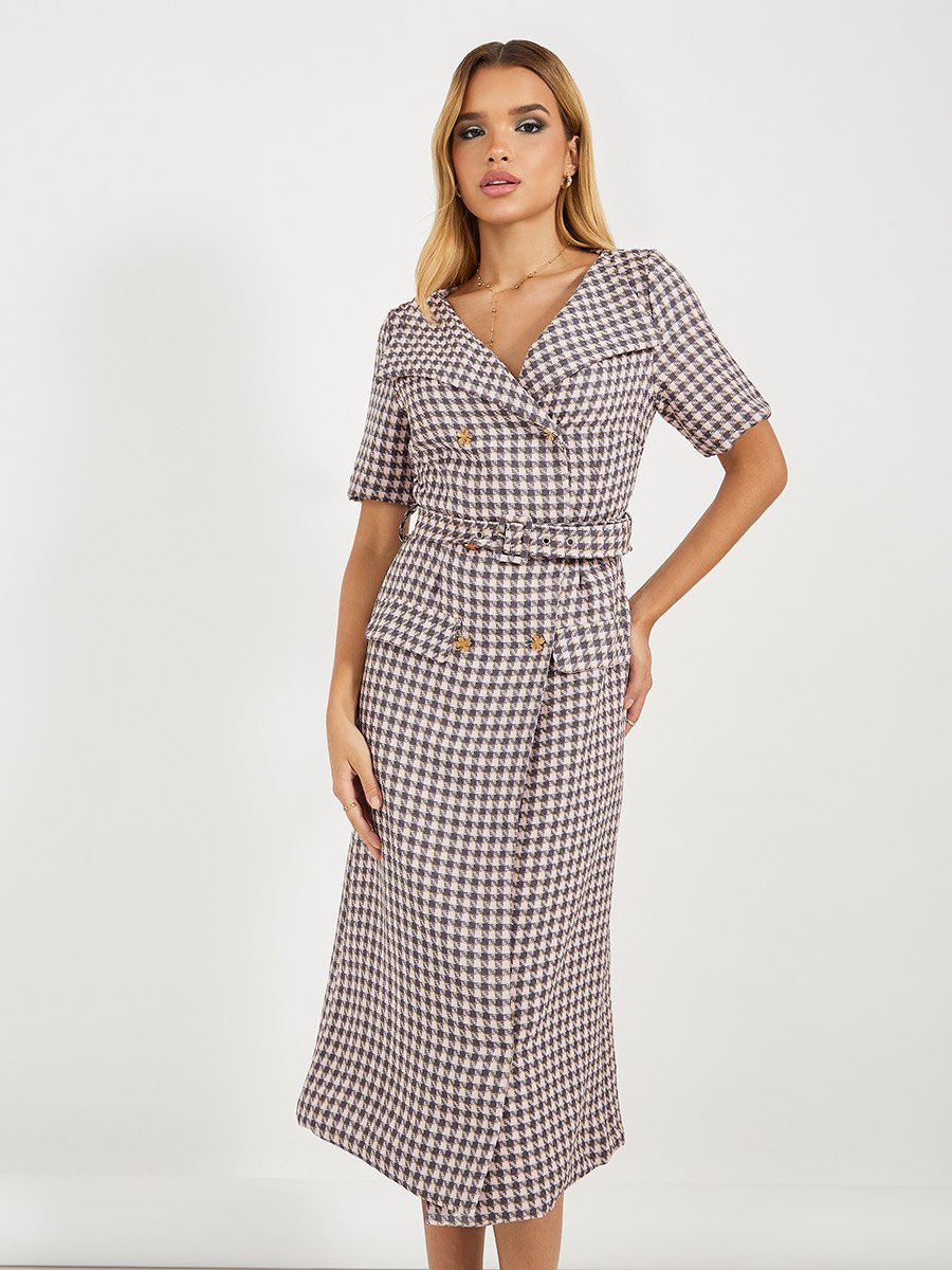 Checked Belted A-Line Blazer Midi Dress