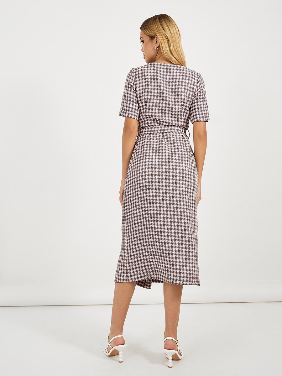 Checked Belted A-Line Blazer Midi Dress