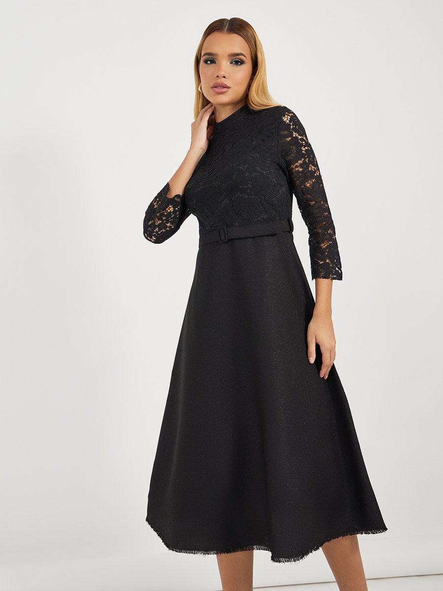 Lace Insert Long Sleeves A-Line Midi Dress