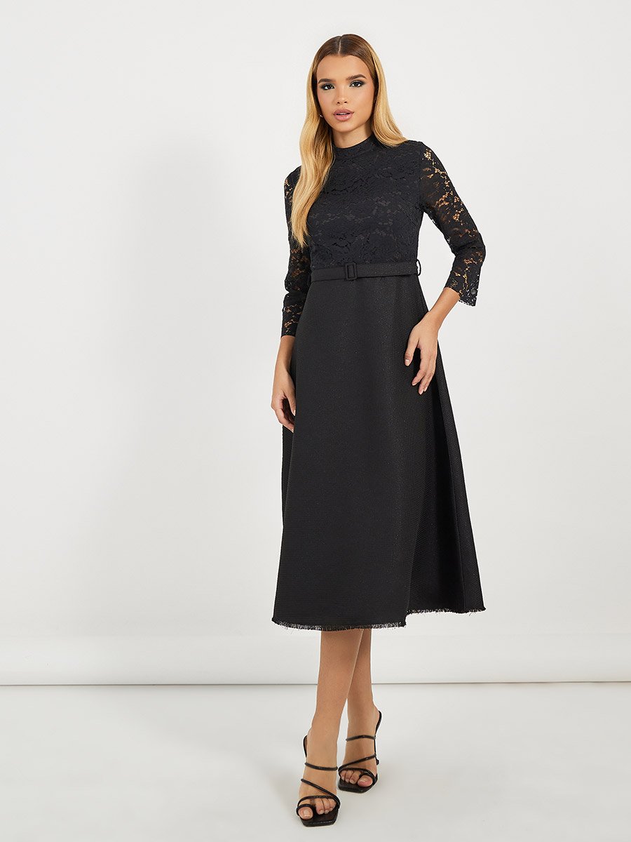 Lace Insert Long Sleeves A-Line Midi Dress