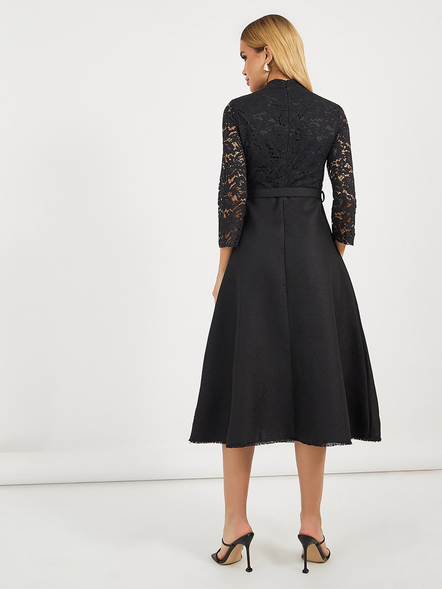 Lace Insert Long Sleeves A-Line Midi Dress
