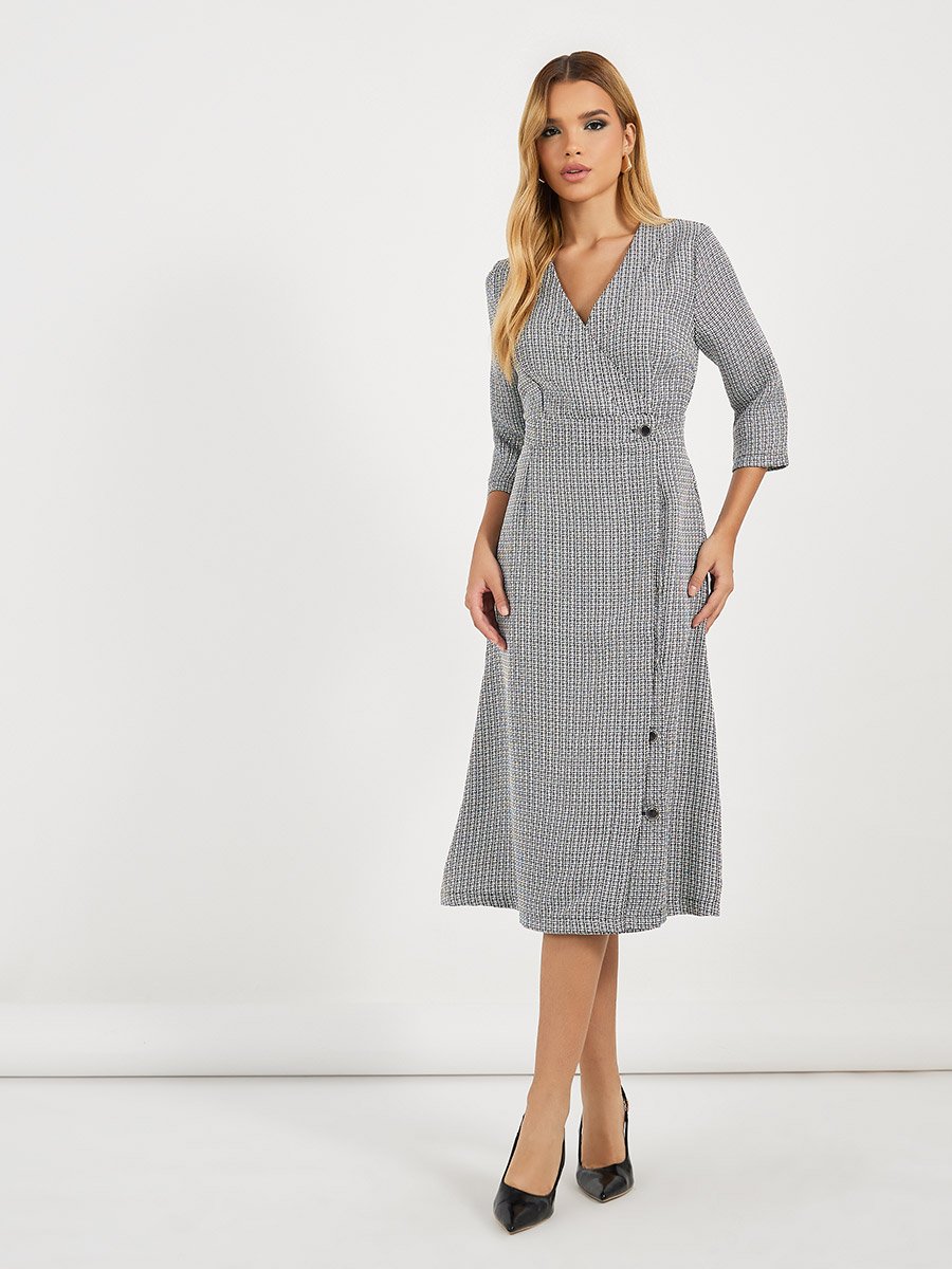 Tweed Wrap Midi Dress with 3/4 Sleeves