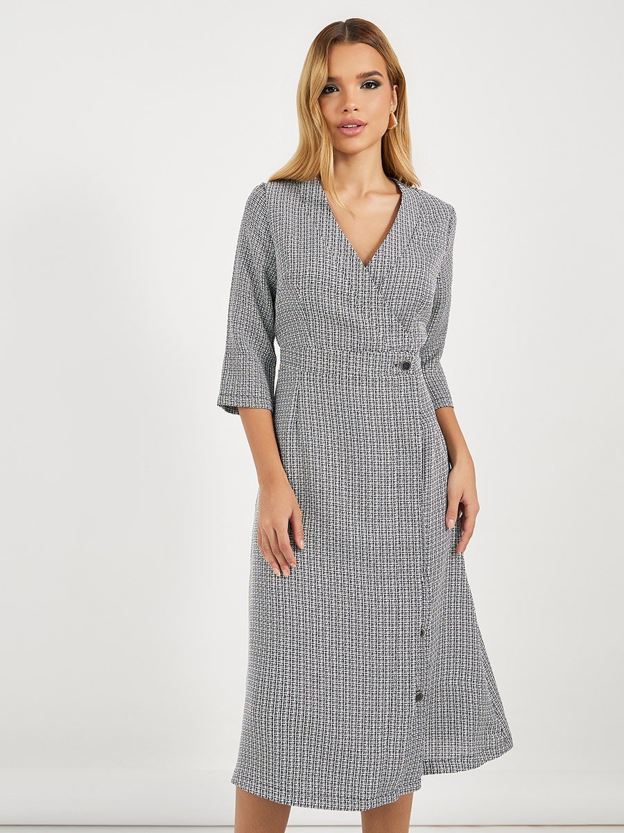 Tweed Wrap Midi Dress with 3/4 Sleeves