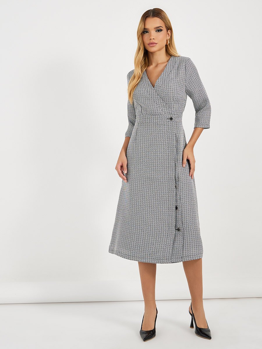 Tweed Wrap Midi Dress with 3/4 Sleeves
