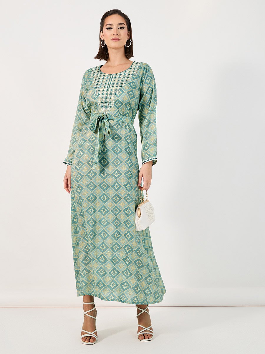 All-Over Print Embroidered Jalabiya with Waist Tie Detail