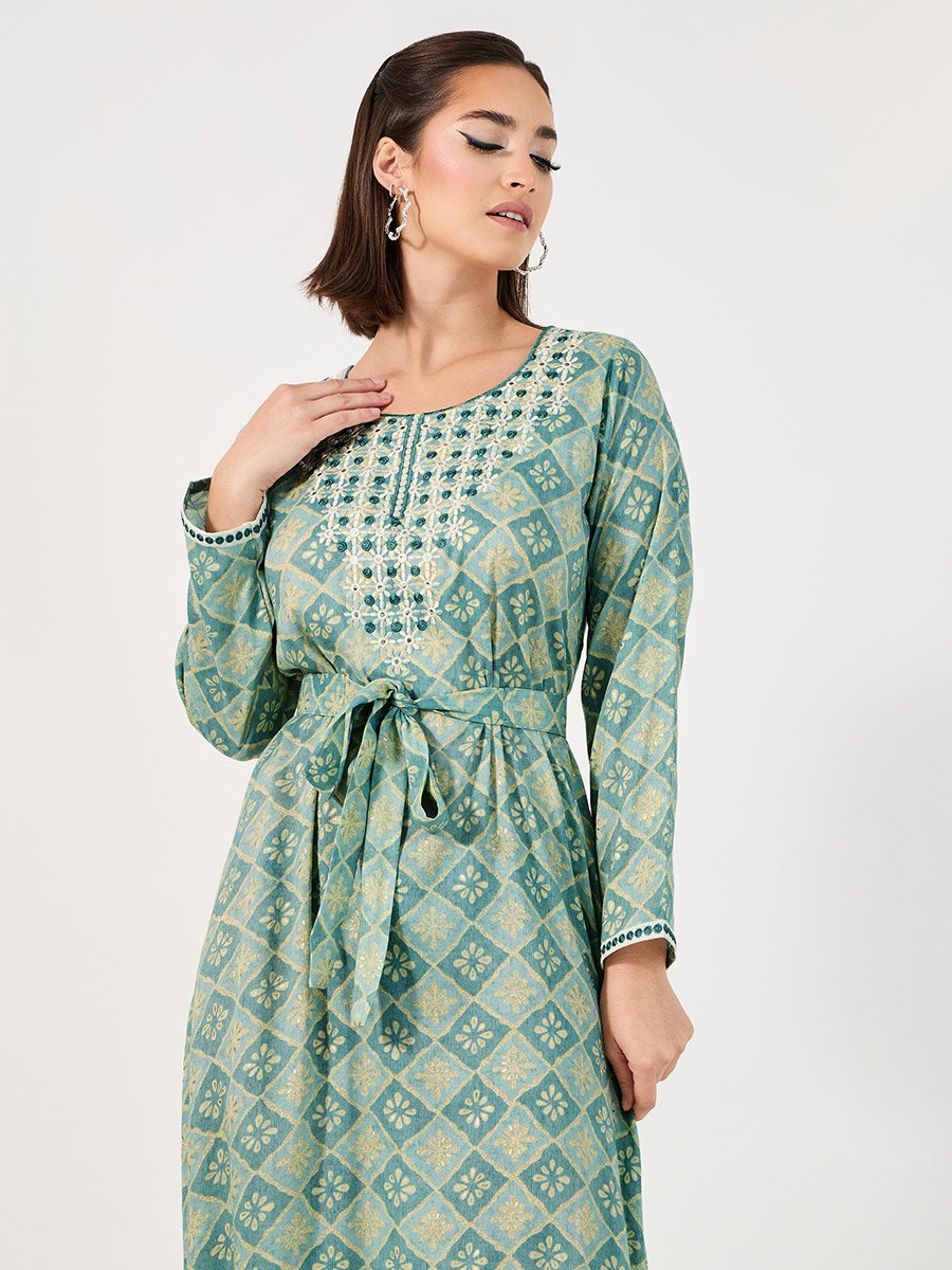 All-Over Print Embroidered Jalabiya with Waist Tie Detail