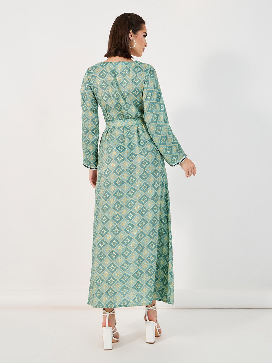 All-Over Print Embroidered Jalabiya with Waist Tie Detail
