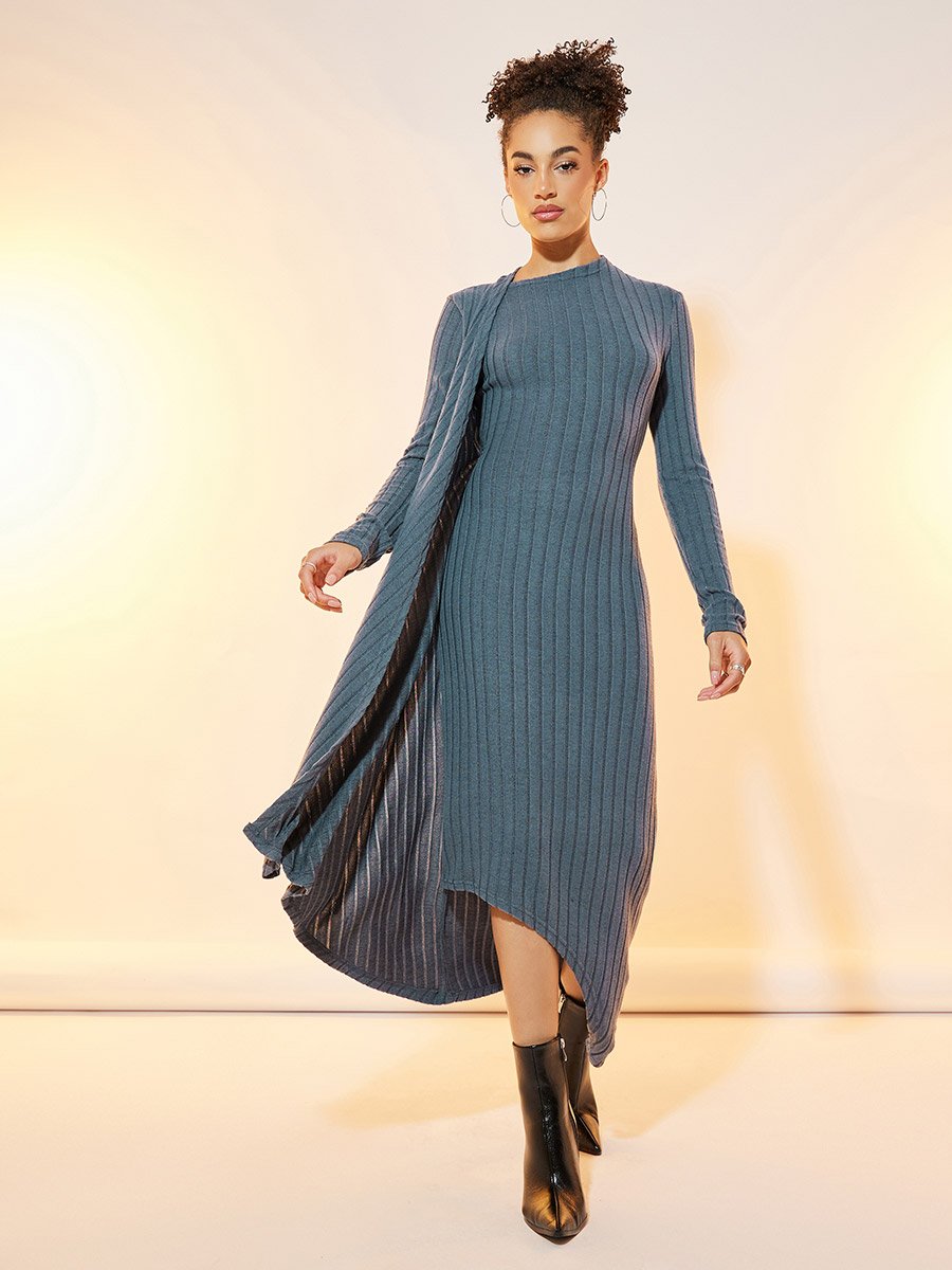 Ribbed Knit Asymmetric Hem Draped Maxi Dress For Women at UAE | Styli Ribbed Knit Asymmetric Hem Draped Maxi Dress For Women at UAE | Styli
