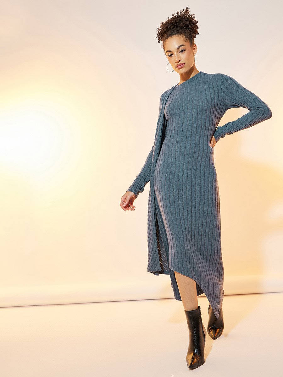 Ribbed Knit Asymmetric Hem Draped Maxi Dress For Women at Kuwait | Styli