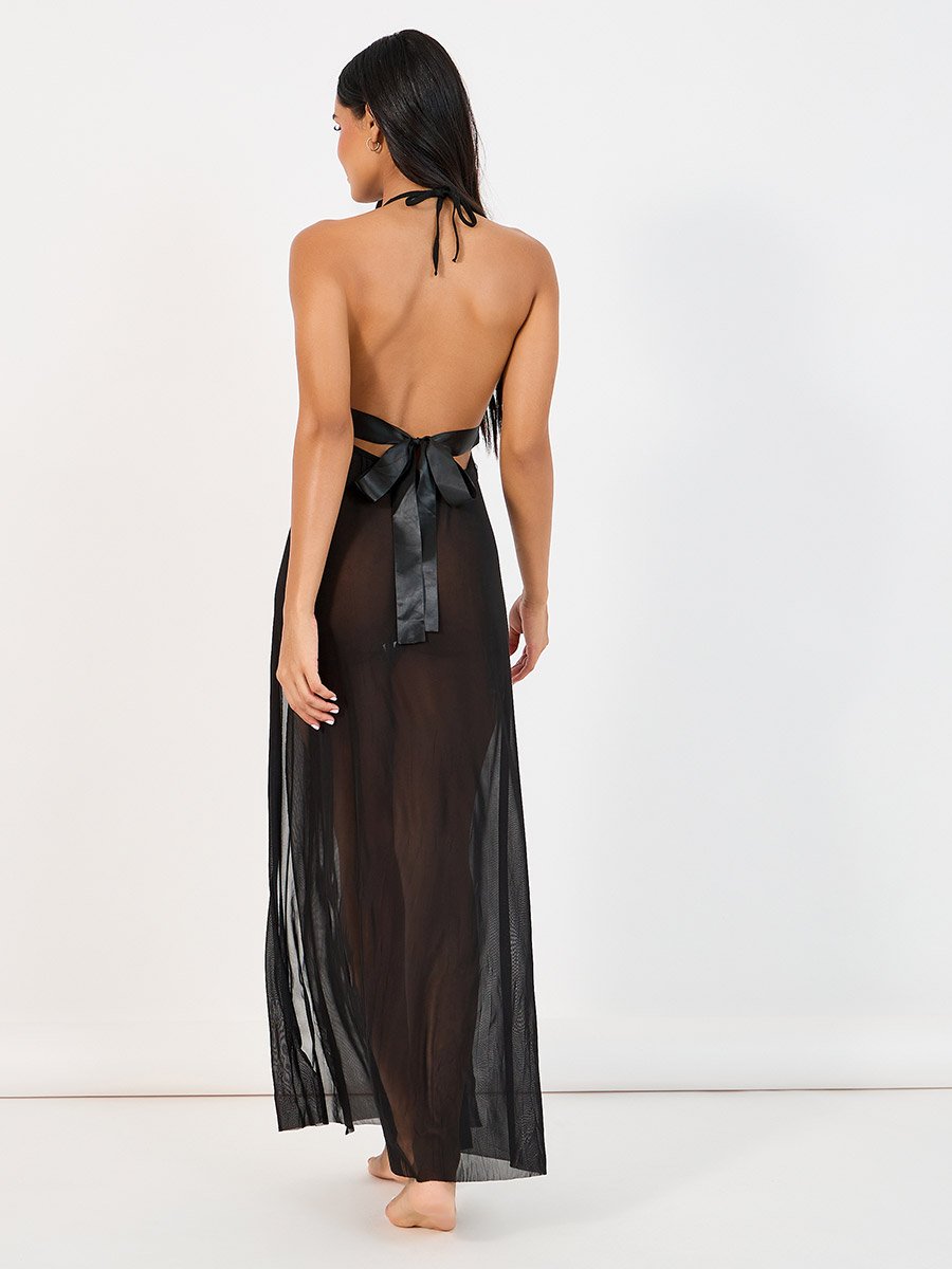 Lace Detail Double High Slit Mesh Slip Dress with Thong Set For Women at Saudi | Styli Lace Detail Double High Slit Mesh Slip Dress with Thong Set For Women at Saudi | Styli