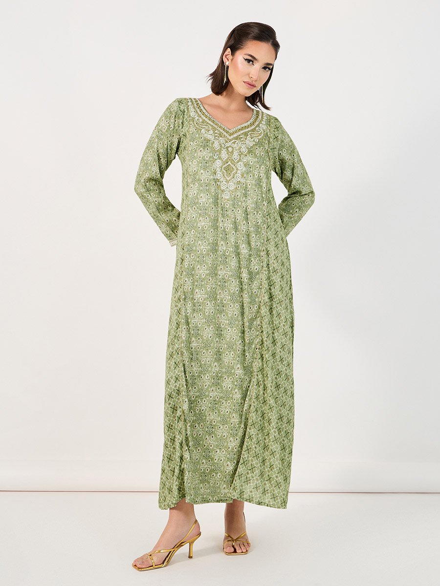 All-Over Print Embroidered A-Line Jalabiya