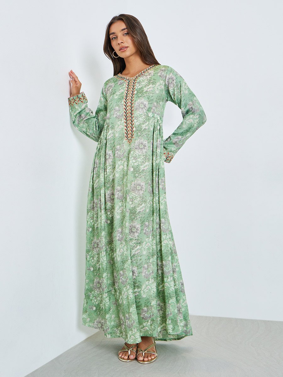 Women Green Floral Printed Embroidered Jalabiya 