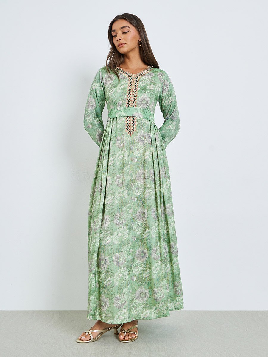 Women Green Floral Printed Embroidered Jalabiya 