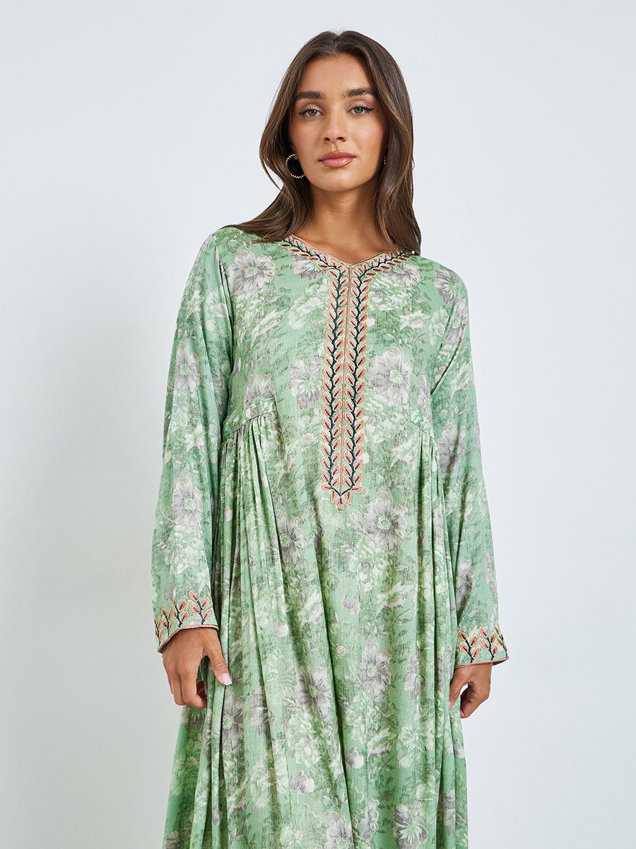 Women Green Floral Printed Embroidered Jalabiya 