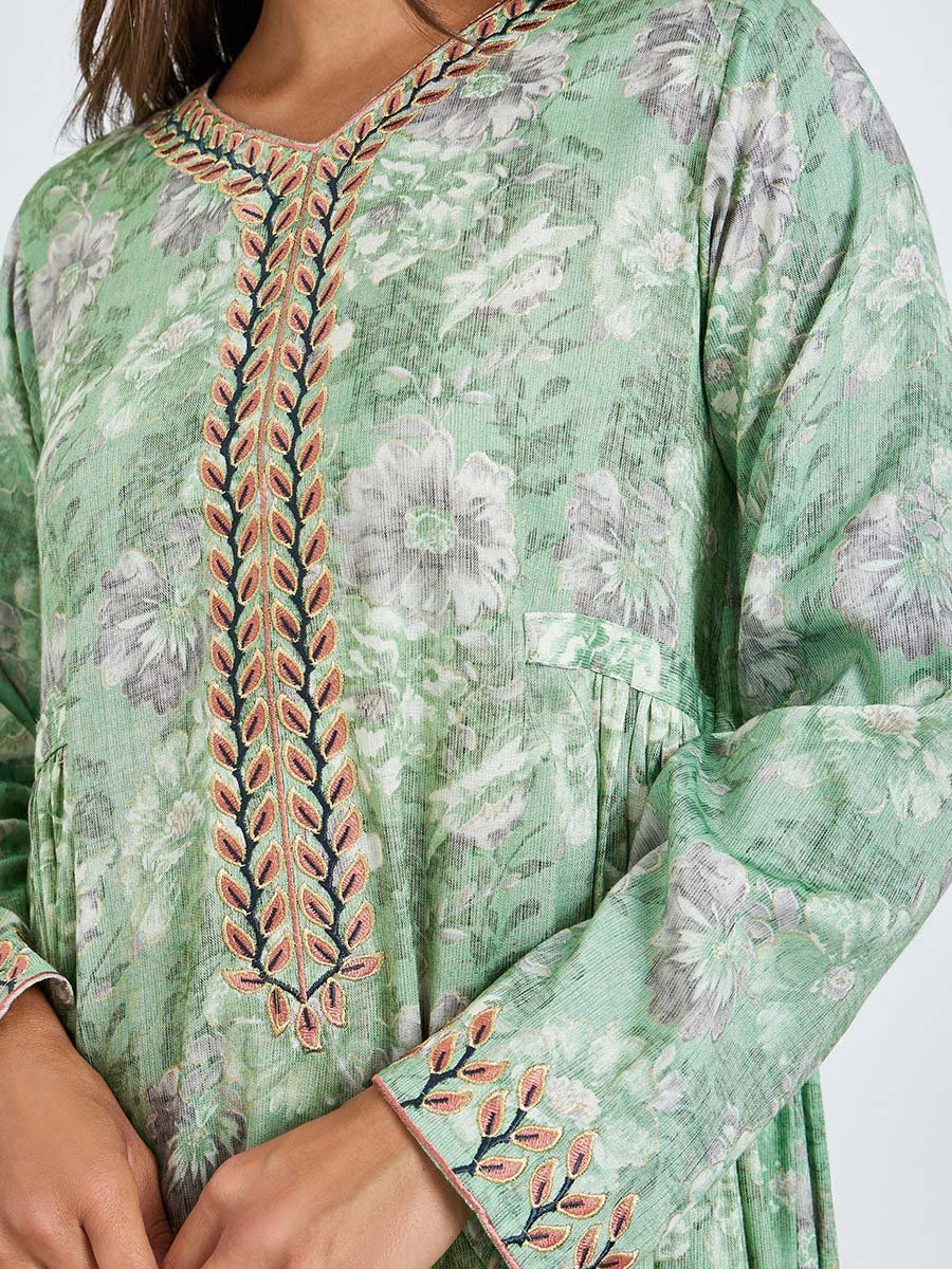 Women Green Floral Printed Embroidered Jalabiya 