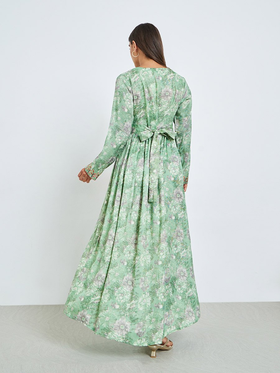 Women Green Floral Printed Embroidered Jalabiya 