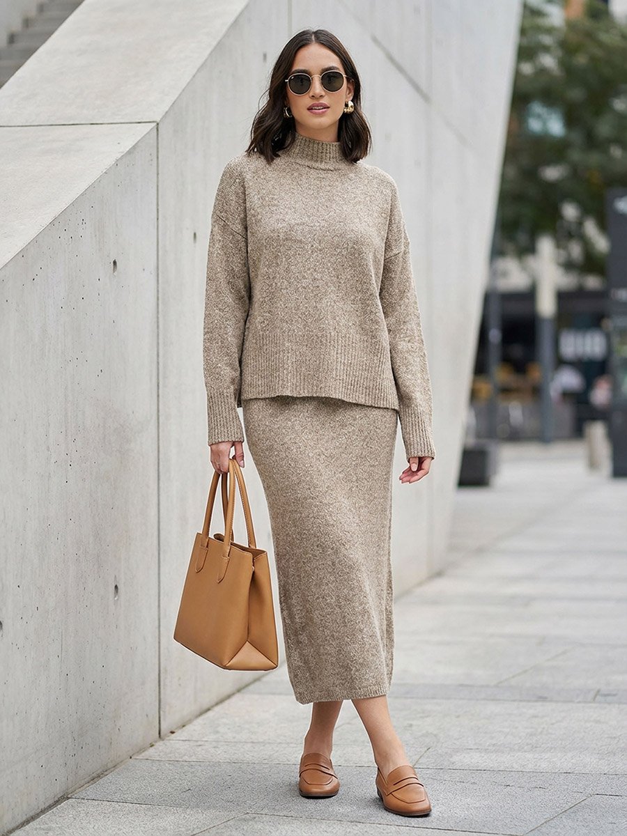 Relaxed Fit Knitted Sweater and Midi Skirt Co-Ords