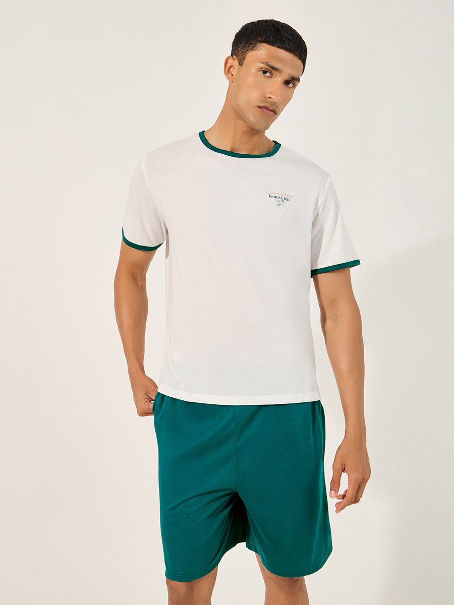 Slogan Print Round Neck T-Shirt and Shorts Pyjama Set