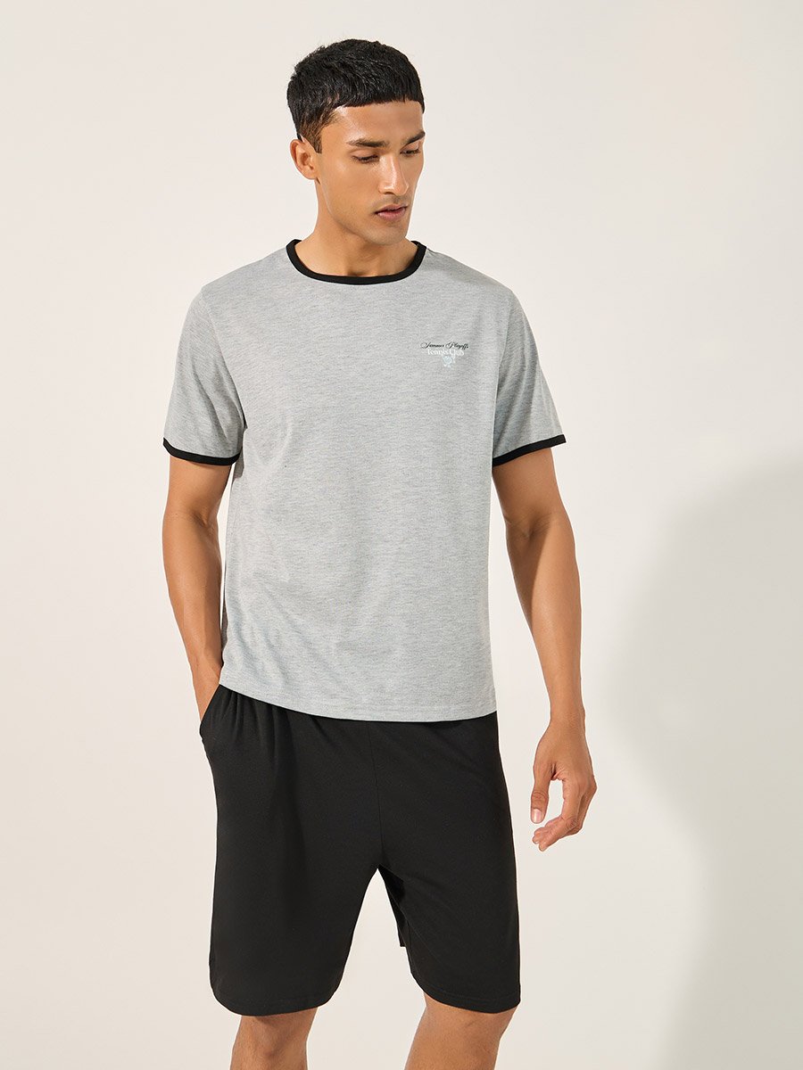 Slogan Print Round Neck T-Shirt and Shorts Pyjama Set