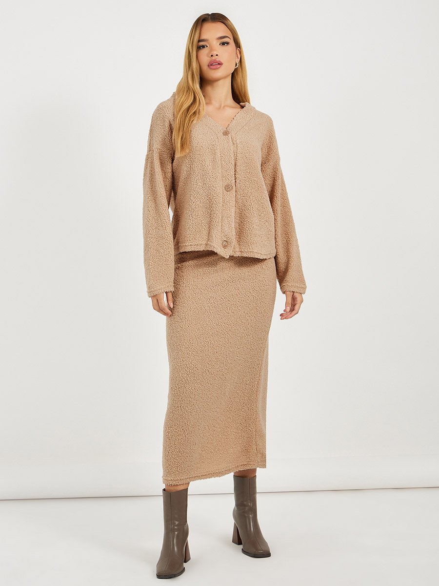 Faux Fur Textured Buttoned Knit Top and Skirt Co-Ords
