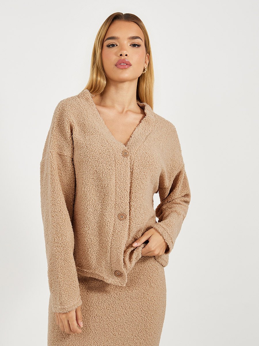 Faux Fur Textured Buttoned Knit Top and Skirt Co-Ords