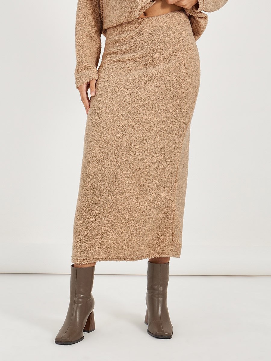 Faux Fur Textured Buttoned Knit Top and Skirt Co-Ords