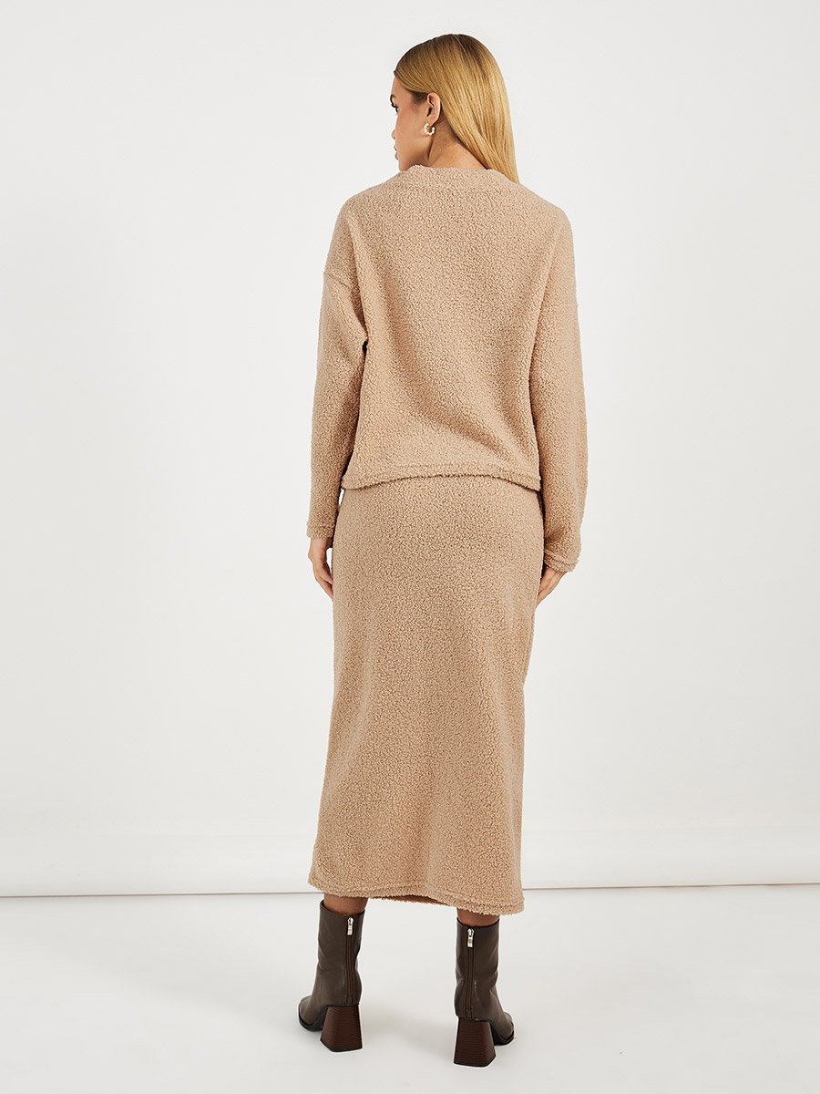 Faux Fur Textured Buttoned Knit Top and Skirt Co-Ords