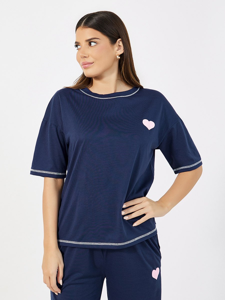 Slogan Print Dropped Shoulder T-Shirt and Pants Pyjama Set 