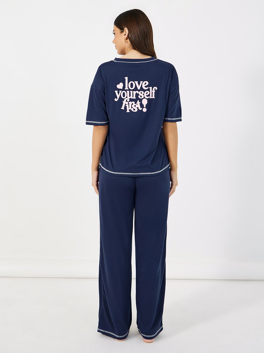 Slogan Print Dropped Shoulder T-Shirt and Pants Pyjama Set 