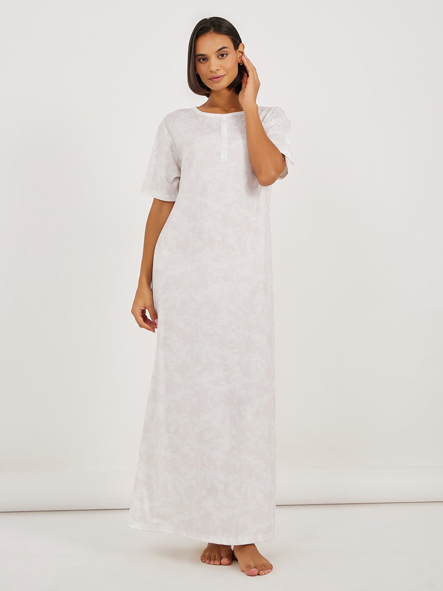 Leafy Floral Print Placket Sleep T-Shirt Dress