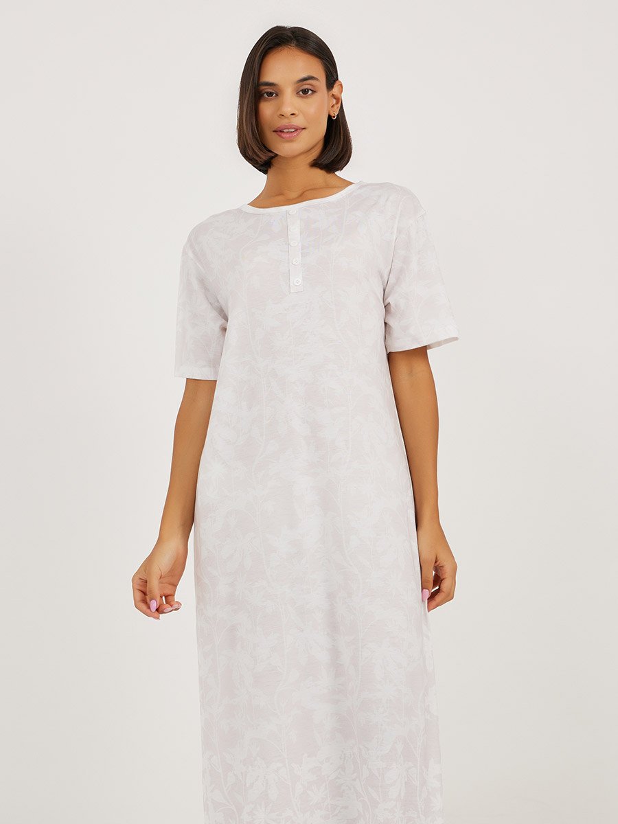 Leafy Floral Print Placket Sleep T-Shirt Dress