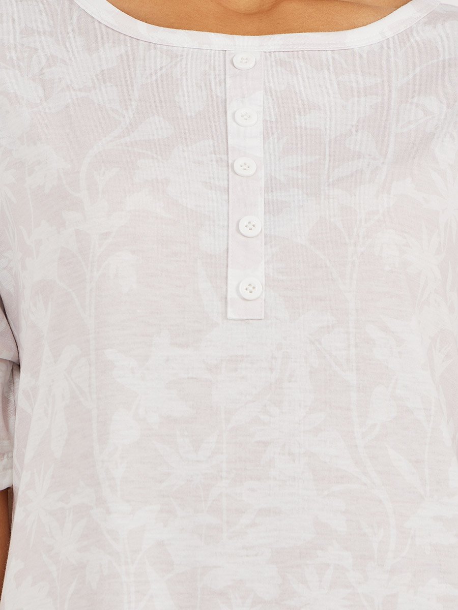 Leafy Floral Print Placket Sleep T-Shirt Dress