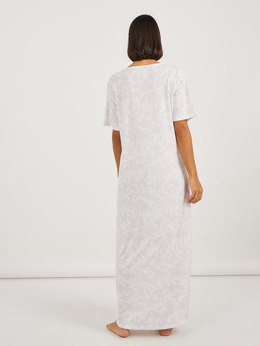 Leafy Floral Print Placket Sleep T-Shirt Dress