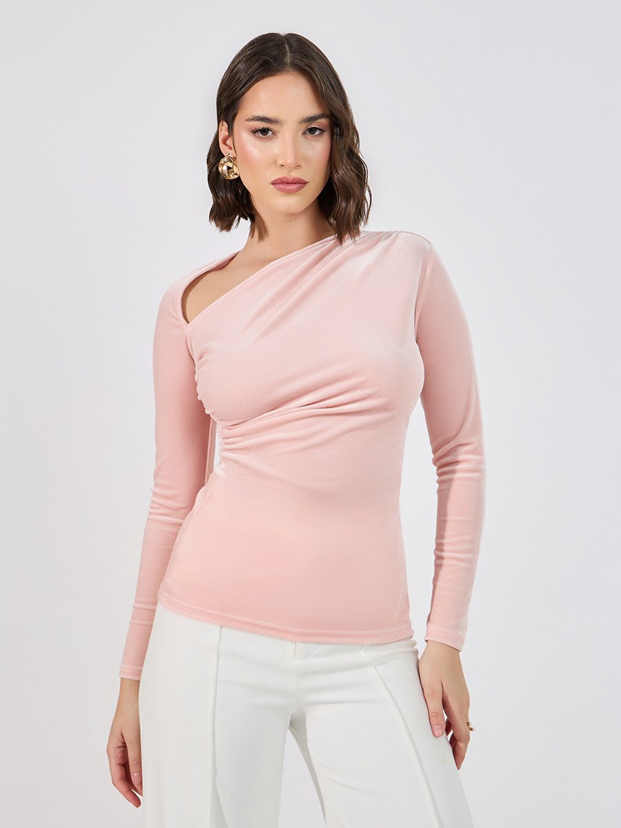 Velvet Look Asymmetric Neck Top