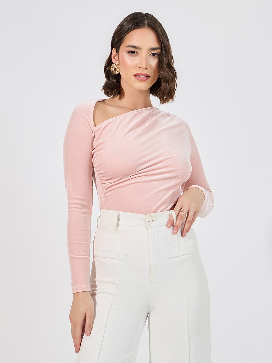 Velvet Look Asymmetric Neck Top