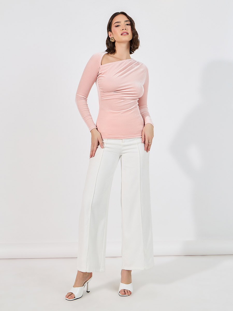 Velvet Look Asymmetric Neck Top