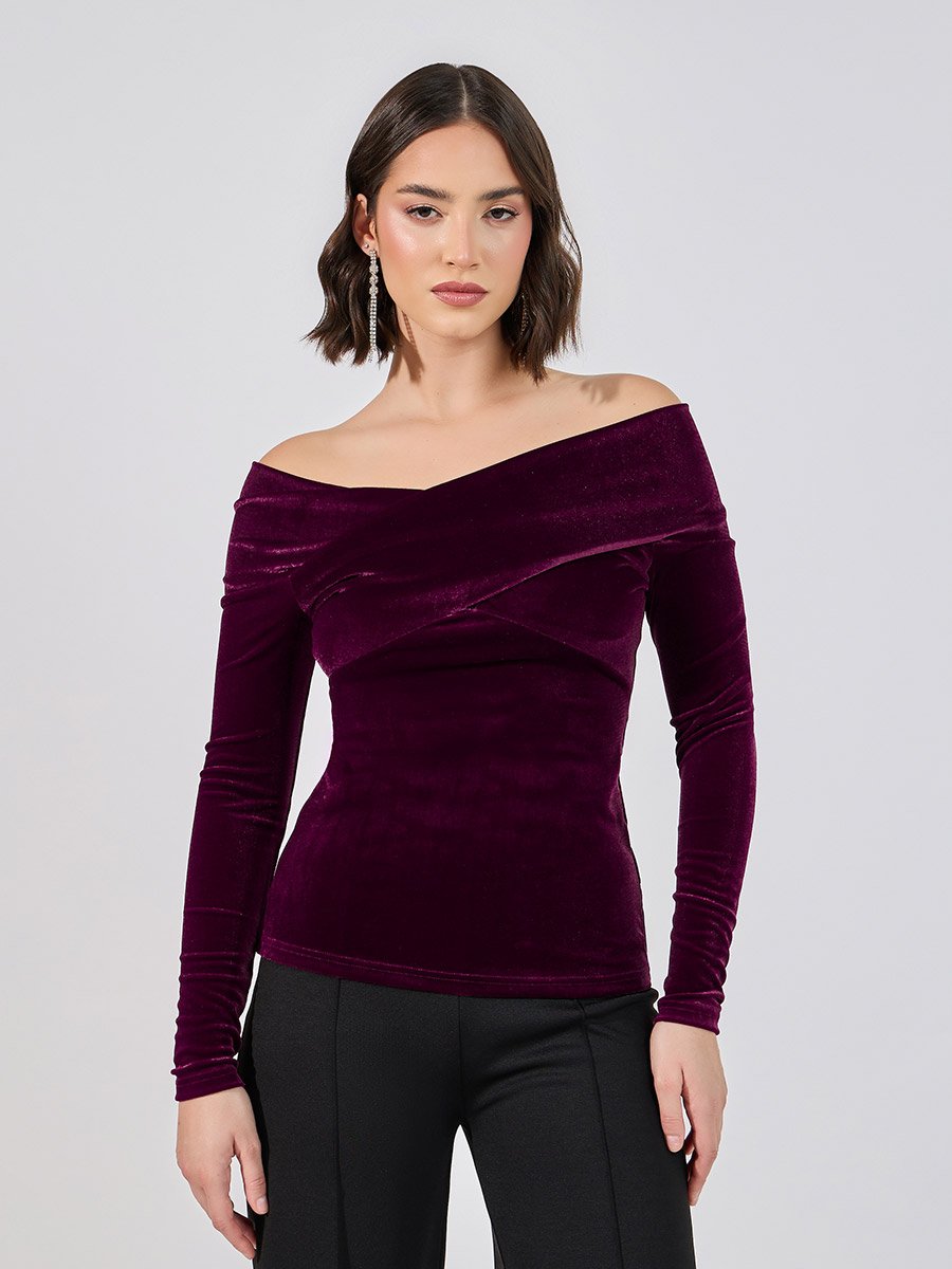 Fitted Off Shoulder Neck Velvet Look Top