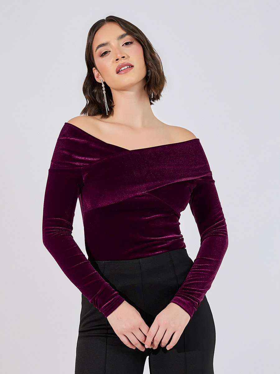 Fitted Off Shoulder Neck Velvet Look Top