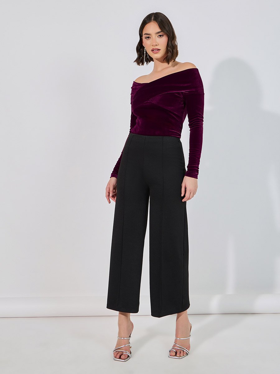 Fitted Off Shoulder Neck Velvet Look Top