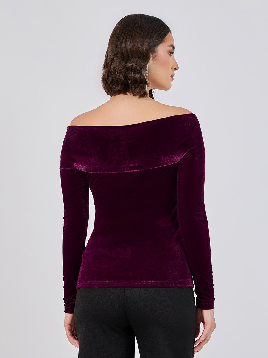 Fitted Off Shoulder Neck Velvet Look Top