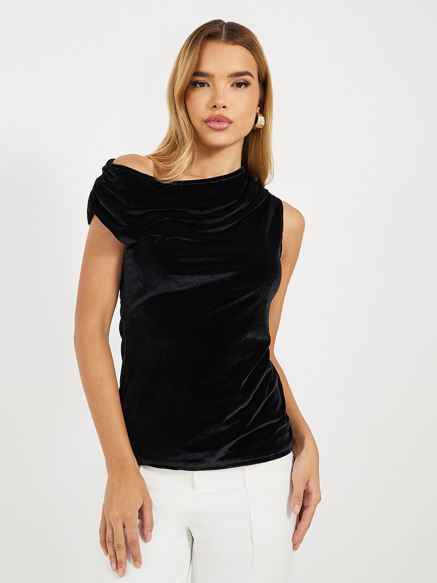 Asymmetric Neck Velvet Look Blouse