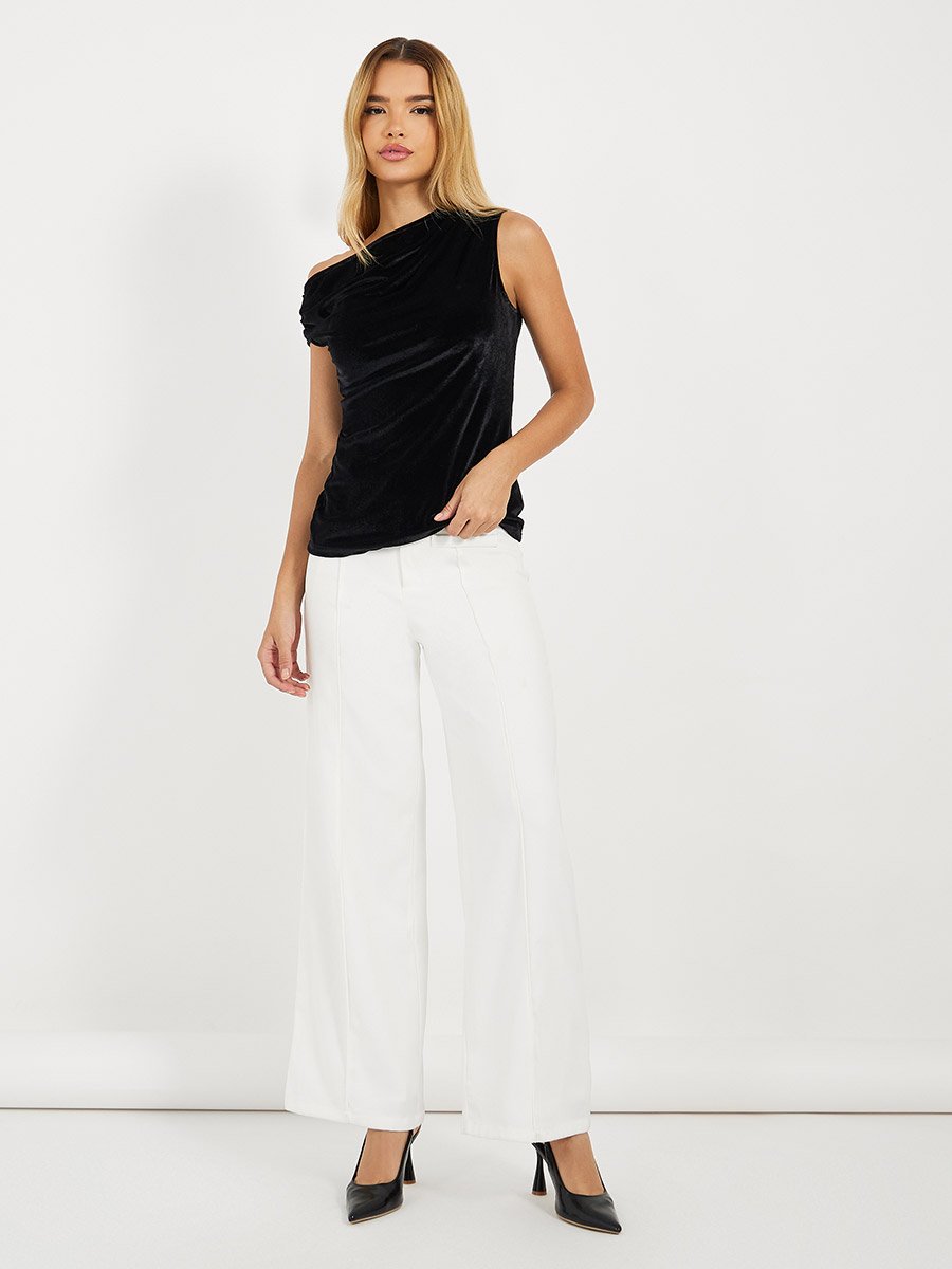 Asymmetric Neck Velvet Look Blouse