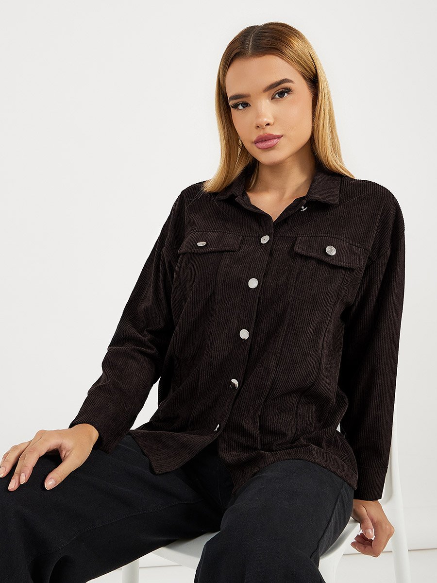 Relaxed Fit Corduroy Shirt with Metal Button
