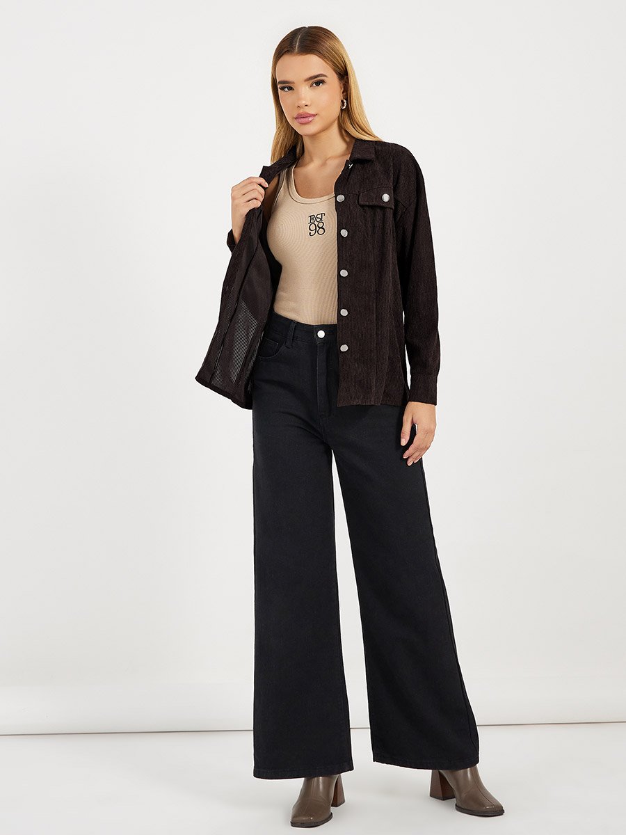 Relaxed Fit Corduroy Shirt with Metal Button
