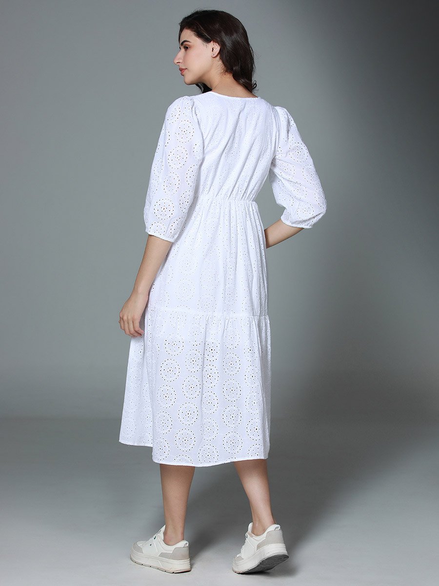 Schiffli V Neck Tiered Midi Dress